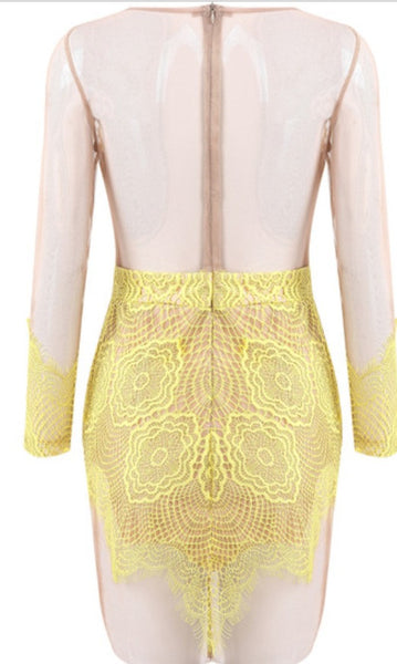 Yellow Lace backless dress